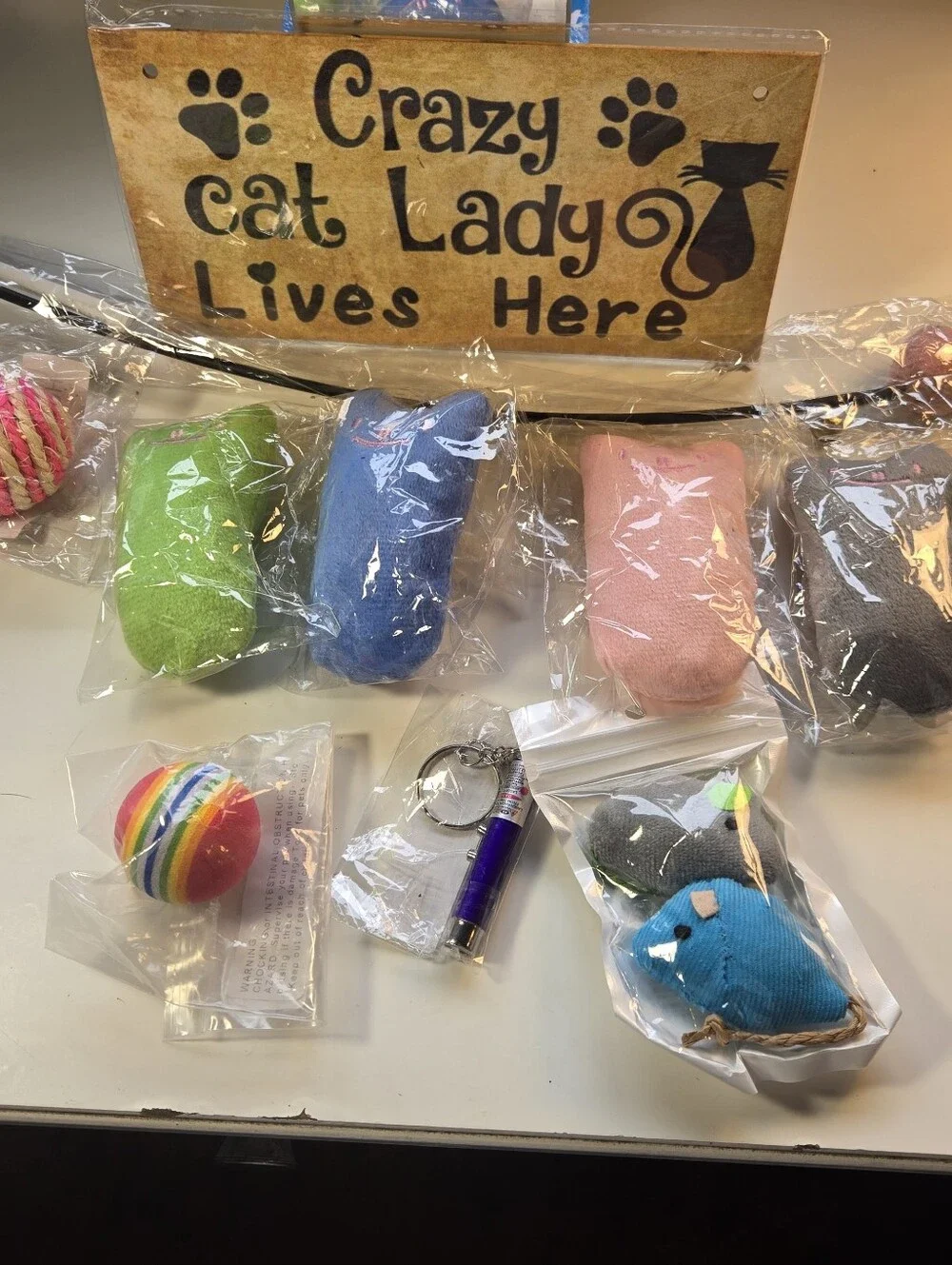 'Crazy Cat Lady Lives Here' Plaque and Assorted Cat Toys Bundle